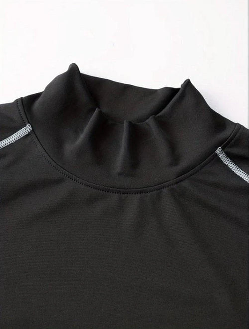 Donkergrijs Fitness Shirt Heren – Compressie Sport Shirt Met Hoge Hals – Lange Mouwen Sport Top – Elastisch Training Shirt Voor Fitness Hardlopen Boksen – Aansluitend Sport Shirt Als Basislaag – Maat L