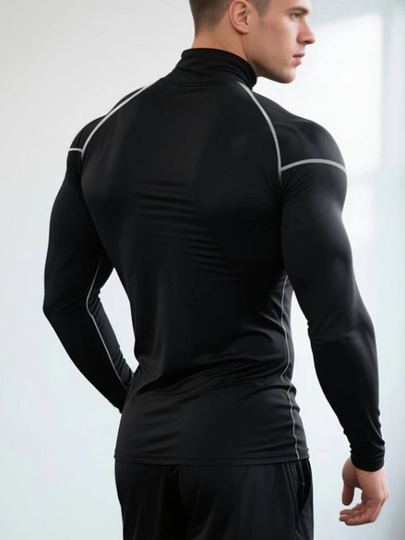 Donkergrijs Fitness Shirt Heren – Compressie Sport Shirt Met Hoge Hals – Lange Mouwen Sport Top – Elastisch Training Shirt Voor Fitness Hardlopen Boksen – Aansluitend Sport Shirt Als Basislaag – Maat L