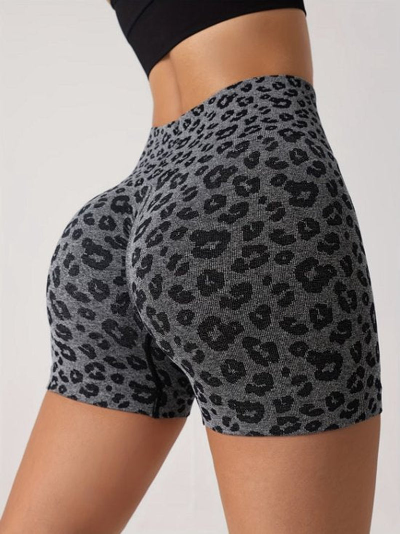 Grijs Sport Short Dames – High Waist Fitness Short – Elastische Yoga Short Met Luipaardprint – Aansluitende Workout Short Voor Yoga Fitness Training En Hardlopen – Sportieve Korte Fitness Broek – Maat M