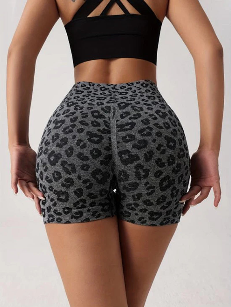 Grijs Sport Short Dames – High Waist Fitness Short – Elastische Yoga Short Met Luipaardprint – Aansluitende Workout Short Voor Yoga Fitness Training En Hardlopen – Sportieve Korte Fitness Broek – Maat M